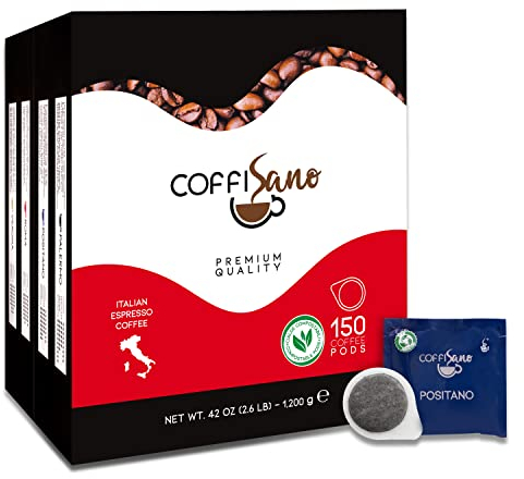 150 Cialde Caffè CoffiSano Espresso Italiano in Filtro Carta Compostabile ESE da 44 mm Bustine Monodose – Miscela Positano, Gusto Intenso e Aromatico