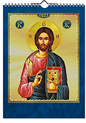 2023 30-Tage-Wandkalender Jesus Christus, Heilige Festtage Apolytikio orthodoxer griechischer Kalender geprägt Golddruck religiöses Geschenk Wanddekoration