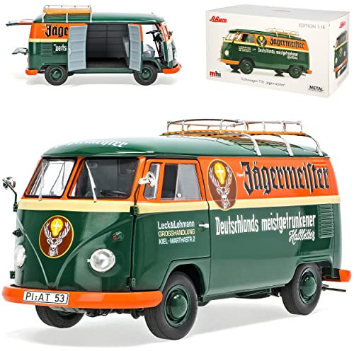 Volkwagen T1 Jaegermeister Grün Orange Transporter 1950-1967 1/18 Schuco Modell Auto mit individiuellem Wunschkennzeichen
