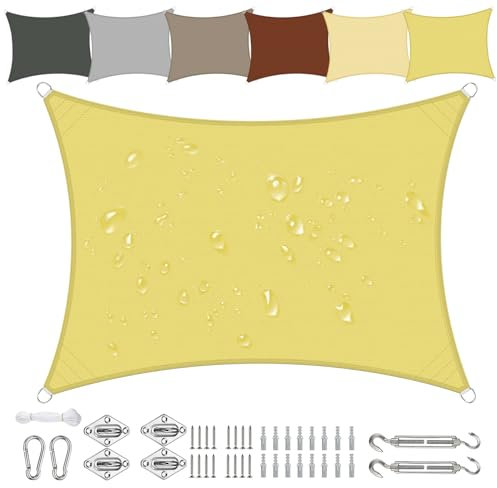 Sonnensegel Wasserdicht Rechteckig Vielen Größen und Farben aus PES-Polyester 95% UV-Schutz, Witterungsbeständig Reißfest mit Befestigungsset für Terrasse Garten Balkon-1x2m, Sand