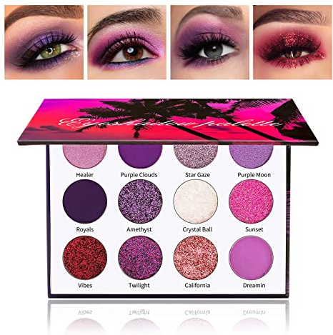 Boobeen Palette d'ombres à paupières 12 couleurs - Ombre à paupières pailletée et mate, maquillage d'ombres à paupières violet et rose pour les femmes, longue tenue
