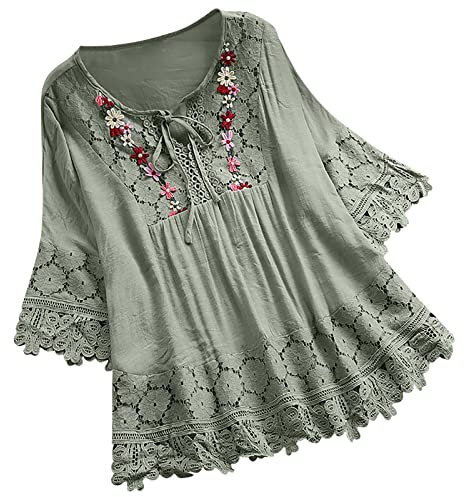 AMhomely Smock Tops for Women UK Vintage Lace Patchwork V-Neck Flare Sleeve Ruffle Blouses Swing Top T-Shirt Ladies Evening Tops Cocktail Party Wear Formal Work Office, Green 3