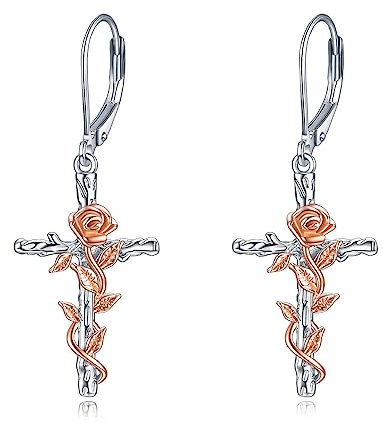 Kreuz Ohrringe Sterling Silber Rose Blume Kreuz Dangle Ohrringe Leverback Ohrringe Schmuck Geschenke für Damen Mädchen