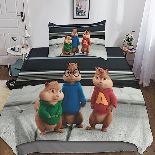 BARDYS Alvin and The Chipmunks Bettwäsche Bettbezug Set, Set Teilig Bettbezüge Mikrofaser Bettbezug Mit Reißverschluss Und Kissenbezug Single(135x200cm)