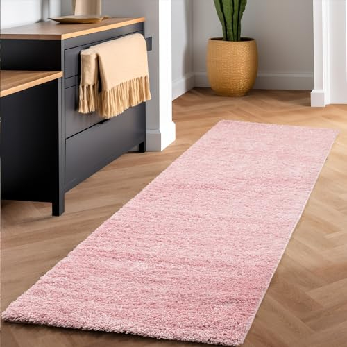 Flauschiger Teppich Wohnzimmer Schlafzimmer Läufer Flur Esszimmer Küchenteppich Hochflor Einfarbig Modernes Design 30 mm Florhöhe Kuschelweich, Rosa, 60 x 110 cm