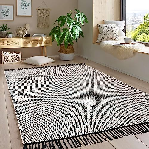 Taracarpet Handwebteppich Borkum Teppich fürs Wohnzimmer, Schlafzimmer und als Küchenteppich geeignet 100% Baumwolle weiß 240x340 cm