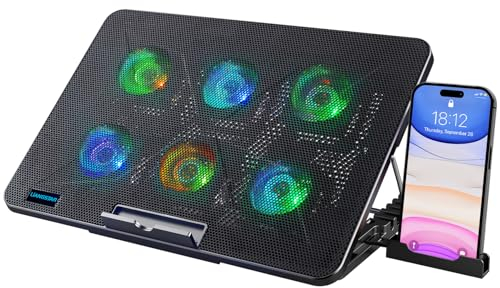 LIANGSTAR Laptop Cooling Pad, Laptop Cooler with 6 Quiet Fans 7 Color Light for 12-17 Inch Notebook Gaming Fan Stable Stand, 7 Height & Wind Speed Adjustable, 2 USB Port & Phone Holder