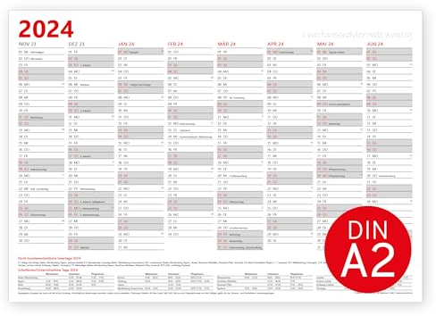 Jahresplaner 2024 Wandkalender | DIN A2 oder DIN A3 Querformat | gefaltet | 16 Monate Jahreskalender Vorder- und Rückseite mit Ferien und Feiertage (DIN A2)
