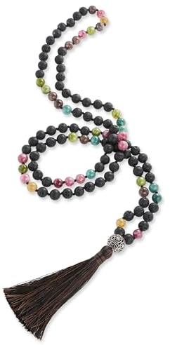 BENAVA Damen Mala Kette aus 108 Lava Stein Achat Perlen Schwarz Bunt | Yoga Kette Lang mit Quaste und filigran gearbeiteten Anhänger | 100 cm