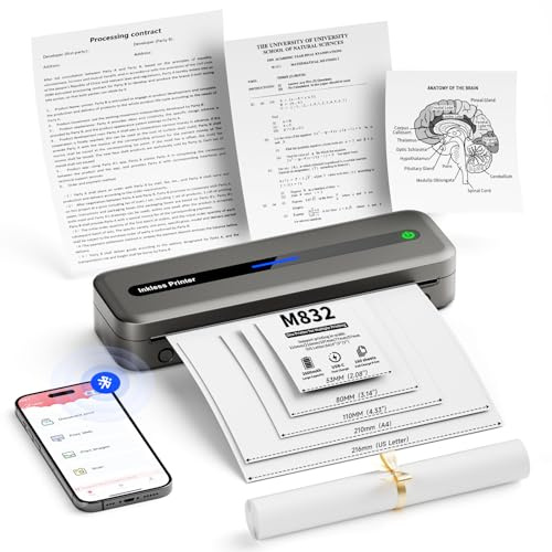 PhoFuta M832 Thermal Printer - Portable Printer, Bluetooth Thermal Printer Compatible with Phone & Laptop, Inkless Mobile Printer for Home Use, Travel, Office, School, Grey