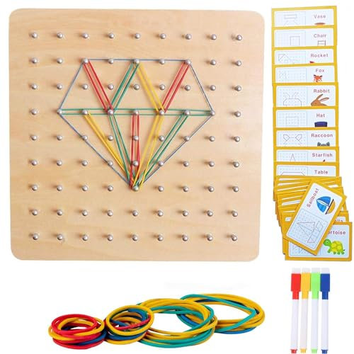 Wooden Geoboard, Montessori Toys, Geoboards with Rubber Bands Graphical Mathematical Education Toy for Kids Developing Imagination and Geometric Shapes For Baby Learning Tool Fine Motor Skills Toys