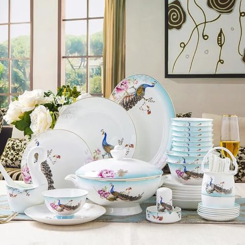 CRLed Service de Vaisselle de Luxe en Porcelaine, 60 pièces, Oiseau Paon, Bol à Riz, Assiette, cuillère, Casserole, Coffret Cadeau