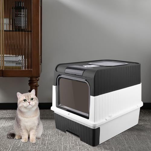 Geschlossene Katzentoilette, Großes Faltbares Katzenklo mit Zu öffnendem Dach, Abnehmbarem Tablett und Schaufel, Katzentoilette für Große und Kleine Katzen, Weniger Spuren (Schwarz, 36 * 51 * 34cm)