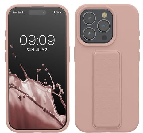 kwmobile Handyhülle kompatibel mit iPhone 15 Pro - Hülle mit Fingerhalter und Standfunktion - Silikon Case Handy Cover in Altrosa