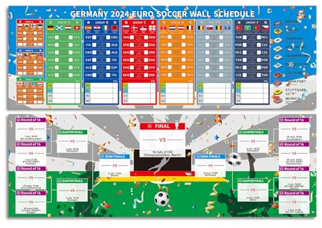 2 Stück Euro 2024 Fußballplaner 2024 Europameisterschaft Wandtabelle Euro 2024 Fußballmeisterschaft Zeitplan Poster Wandkalender inklusive 32 Teams, Gruppe, alle Spiele, L