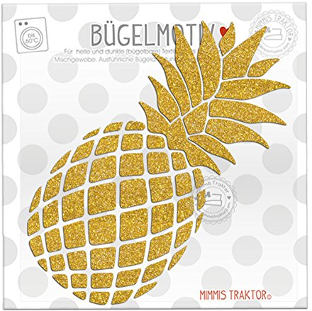 GLITZER Bügelbild Gr. L Ananas 7,6 cm x 16 cm GOLD Aufbügler Applikationen Bügelsticker für Stoffe Textilien Kinder zum Aufbügeln Flicken