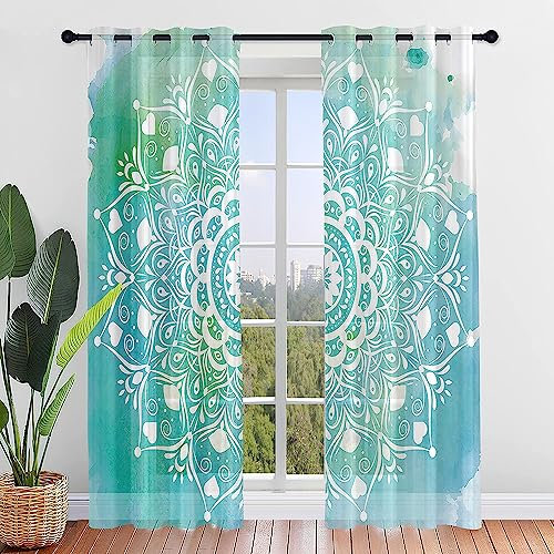 Surwin 3D Mandala Gardinen mit Ösen, 2er Set Drucken Vorhänge, Modern Transparent Vorhänge Wohnzimmer Polyester Gardinen Küche Fenster Wohnzimmer Schlafzimmer (140x160cm,Türkis)