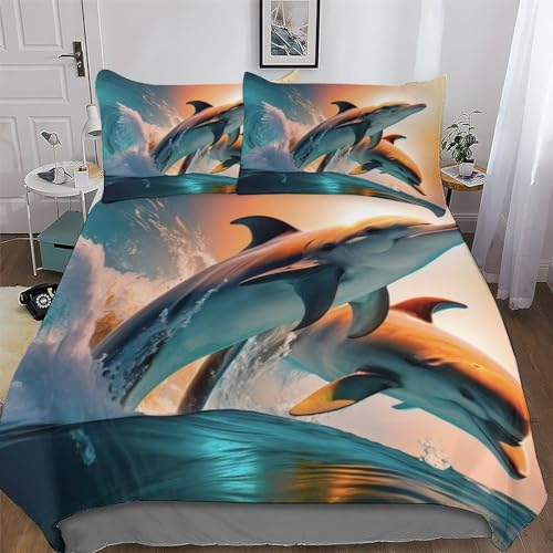 PAZZK Delfin Muster Bedding 2teilig 3D Bettbezug Mit Kissenbezug, Mikrofaser, Bettbezüge Set Bettwäsche Mit Reißverschluss Für Erwachsene Kinder Single (135x200cm)