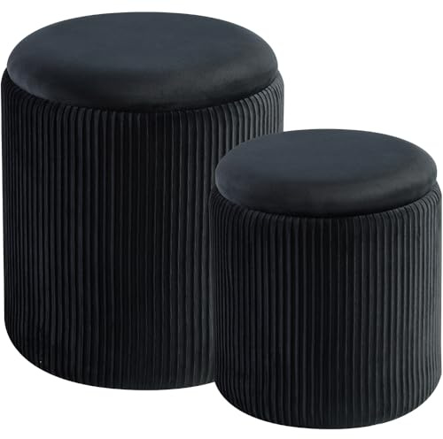 BLEXA Round Ottoman with Storage Set of 2-Upholstered Velvet Vanity Stool for Makeup Multifunctional Ottomans Coffee Table Padded Seat Foot Rest for Living Room&Bedroom (Black)
