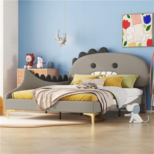 Entdecken Sie Das Cartoon-Dinosaurier-Kinderbett Aus Strapazierfähigem Pu Und MDF In Leicht Zu Reinigendem, Stilvollem Grün, Perfekt Für Moderne Kinderzimmer.(Size:140 * 200cm,Color:Gray)
