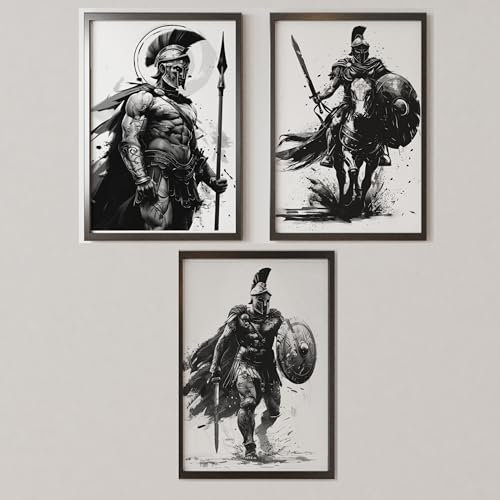 MJ-GRAPHICS® Poster Set Spartanische Krieger Jungen Gamer & Jugendzimmer Bilder Griechische Poster Gaming Zimmer Deko, 3xA2 Antike, Griechische, Sparta Bilder Wanddeko Deko Bilder ohne Rahmen