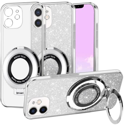 Kainevy Cover per iPhone 12 Mini Trasparente Magnetica con Supporto [Compatibile con MagSafe], Custodia per iPhone 12 Mini Glitter Silicone 2 in 1 Copertura Separabile Rosa (Argento)