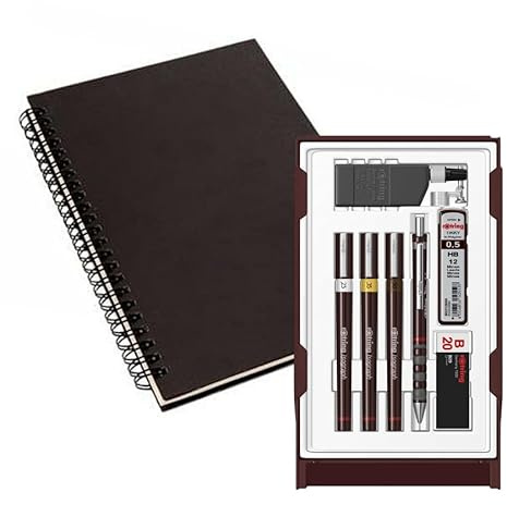 rOtring Isograph S0699380 Fineliner-Stift und Bleistift College-Set, 3 technische Stifte (0,25 mm, 0,35 mm, 0,50 mm) und Druckbleistift (0,5 mm), Zubehör mit Notizbuch