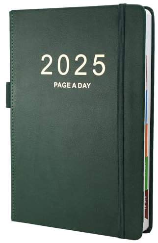 Terminplaner 2025, A5, Tag pro Seite, von Januar bis Dez, Produktivität, A5-Tagesplaner, Ganzjahresplaner mit bunten monatlichen Registern, feine Innentasche, 15 x 21,6 cm (grün)