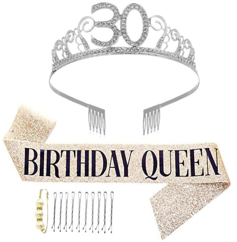 ZGCXRTO 30. Geburtstags Tiara,30 Geburtstag Frauen Deko Schärpe Und Tiara Geburtstags-Krone Schärpe Set Strasskrone Mit Haarkamm Für Prinzessin Party Dame Geburtstagsfeier Und Deko