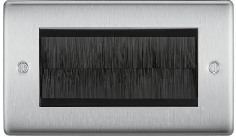 BG Brushed Steel Double 4 Gang Brush Cable Entry Wall Plate Black Insert Rectangle
