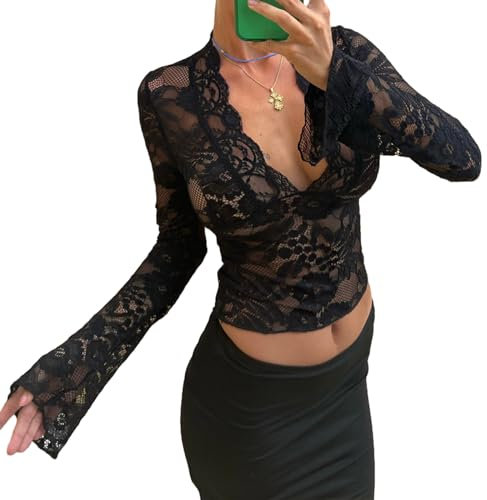Women's Y2k Lace Top Sexy V-Neck Long Sleeve See Through Slim Fit T Shirts Floral Mesh Going Out Crop Tee Tops (Black, S)