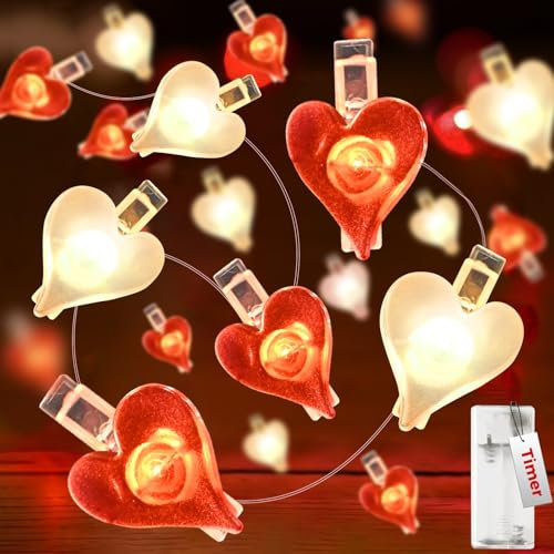 kolpop Fotoclips Lichterkette Herzen, 2m 20 LED Lichterkette Innen Batterie mit Timer, Fotos Wand mit Klammern Bilder für Valentinstag, Hochzeit, Jahrestage, Party Deko