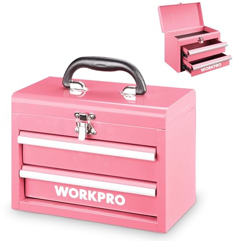 WORKPRO Boîte à Outils Métallique Portable à 2 Tiroirs, Mini Coffret avec Compartiment Supérieur, Glissières à Roulement à Billes, Poignée Ergonomique, Revêtement PVC et Patins Antidérapants