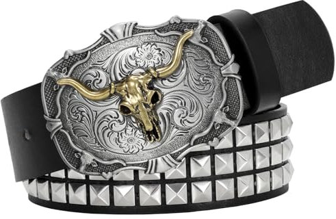 BELTROAD Cowboy Cowgirl Belts for Women Men Western Belts Punk Goth Belt PU Leather Belt With Western Buckle, Studded Belt-bull Buckle Black, M for Waist 34-37