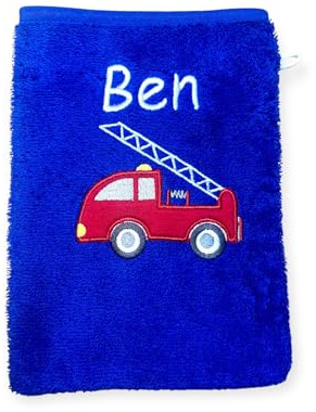 WÖRNER Waschlappen, Kapuzenhandtuch oder als Set, Blau mit Feuerwehrauto Stickerei, Personalisierbar