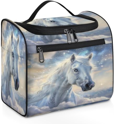 Mexpekil Kulturbeutel zum Aufhängen, mit 11 Fächern, wunderschönes weißes Pferd, kreatives Design, wasserabweisend, Make-up-Kosmetiktasche, Reise-Organizer für Zubehör, Shampoo, Toilettenartikel in