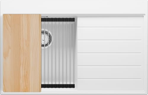 PRIMAGRAN Spülbecken ab 45er Unterschrank + Ablauf-Set, 78x50cm | Set: Ablauf-Set (Siphon, Ablaufgarnitur, Überlauf) + Granitspüle 1 Becken - Sydney Ergo, Weiß