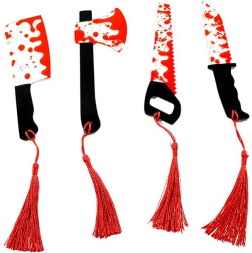 4pcs/set Horror Knife Acrylic Bookmark with Tassel, Halloween Themed Chopper Saw with Blood Bookmark for Bookworms