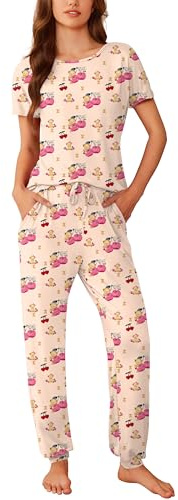 Ekouaer Womens Pyjamas Set Short Sleeve Cute Printed Long Pants 2 Piece PJ Sets Loungewear Sleepwear with Pockets, Teddy Bear Cherry, S
