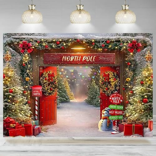 Toile de Fond de Noël, Porte de Grange en Bois d'hiver, pôle Nord, Arbre de Noël enneigé, arrière-Plan de Photographie, décor de fête de Vacances en Famille 350x240CM