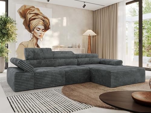 MKS MEBLE Ecksofa mit relaxfunktion elektrisch, Sofa L-Form - Rilasso - Dunkelgrau Cord Rechts