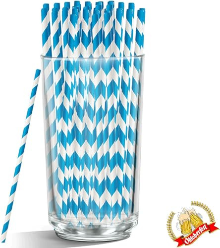 100 Stück Oktoberfest Deko Strohhalm, Deko Oktoberfest Trinkhalme, Blau Papier Strohhalme, Biologisch Abbaubare Trinkhalme, Bayrische Deko für Oktoberfestparty Cocktail Geburtstag Hochzeit
