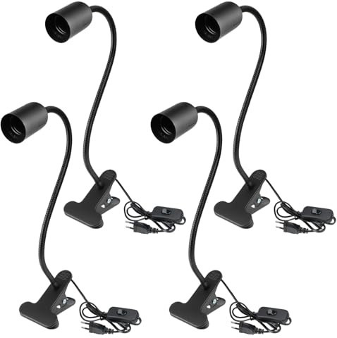 BILIPLE 4 Stück E27 Klemmleuchte mit Clip, 360° Verstellbarer Schwanenhals, Klemmlampe E27 mit Stecker und 120 cm Kabel für Bettlampe, Pflanzenlampe, Leselampe, Schwarz (Ohne Glühbirne)