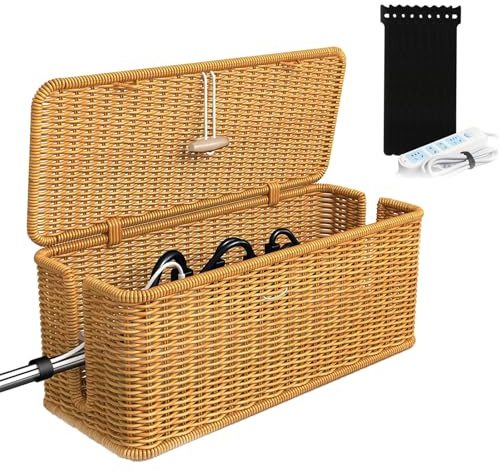 OUTALIZ Rattan Kabelmanagement Box, Handgemachte Kabelbox mit Deckel, Kabelmanagementbox, Handgemachte Rattan Kabelbox, Schreibtisch Kabel Organizer Box für Büro, Haus Tv Drähte