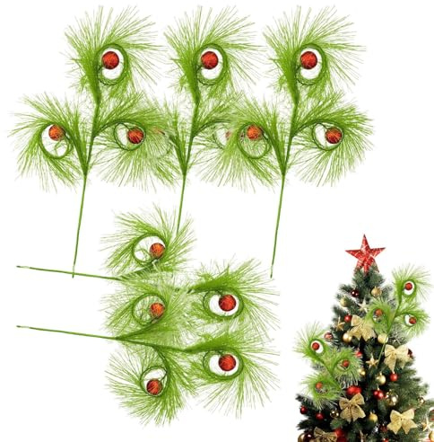 Puntali per albero di Natale, 5 rami di canna verde con pallina rossa, decorazione festiva, perfetta per artigianato, ghirlande, interni ed esterni, soggiorno, camera da letto, veranda, cortile, 42 cm