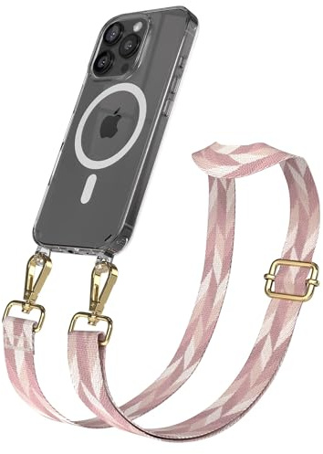 EAZY CASE Handykette - Verstellbares Taschenband kompatibel mit iPhone 16 Pro, Schulterriemen, Handykordel mit Silikon Hülle, Qi Charging kompatibel, Umhängetasche, Rosa Mix Gold