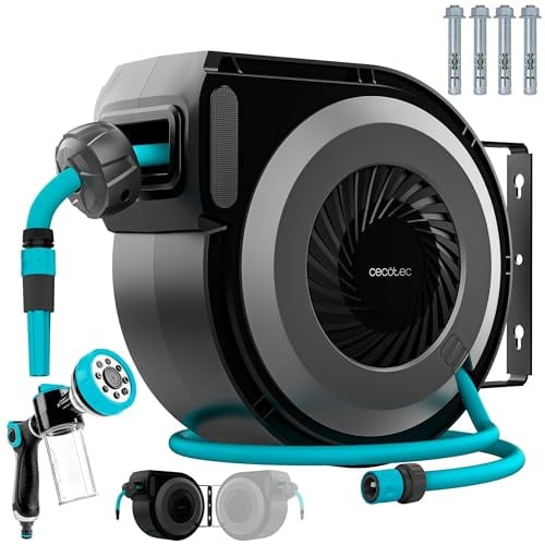 Cecotec Avvolgitubo da Giardino 10m HydroShell 100 Pro. Avvolgimento Automatico SlowReturn e Smooth, Rotazione 180º, Pistola 8 Funzioni con Serbatoio, Innaffia Tutto il Tuo Giardino Molto Facilmente