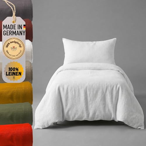 chambry Premium Bettwäsche 100 % Leinen - handgefertigt in Deutschland - atmungsaktiv temperaturausgleichend bügelfrei - Bettbezug 135x200cm + Kissenbezug 40x80cm - Weiß