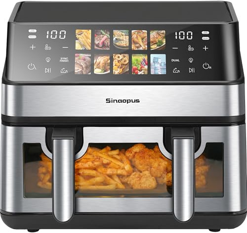 Sinaopus Air Fryer 9L 2000 W, Heißluftfritteuse 2 Kammern mit kühlem Griff | Digitaler Touchscreen, Sichtfenster, Sync Finish, Dual Cook, abnehmbare Trennwand, XXL, 903A