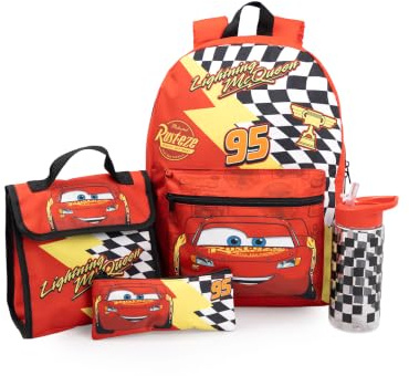 Disney Cars Lightning McQueen Red 4 Piece Backpack Set | Boys School Rucksack with Lunch Bag, Pencil Case & Water Bottle Merch